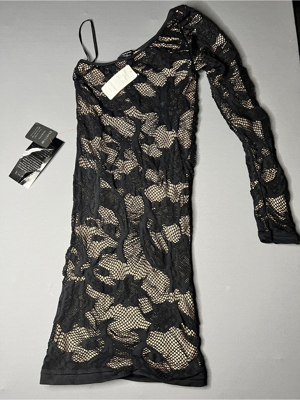 bebe Black Lace One-Shoulder Bodycon Dress with Nude Lining